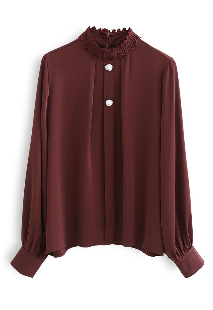Lace High Neck Button Trim Satin Top in Wine