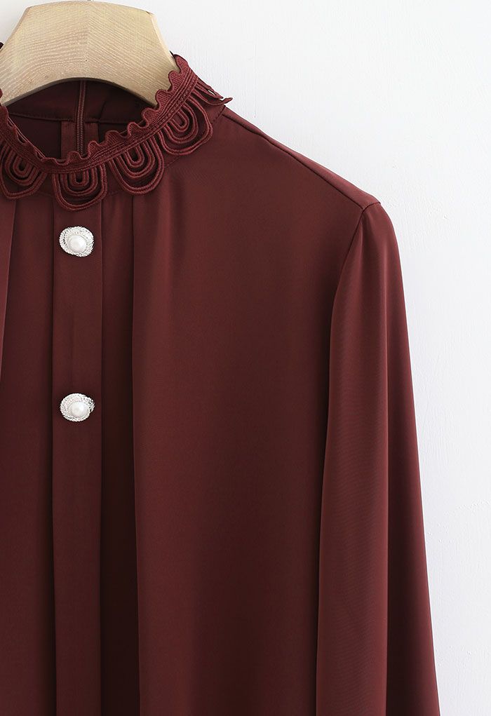 Lace High Neck Button Trim Satin Top in Wine