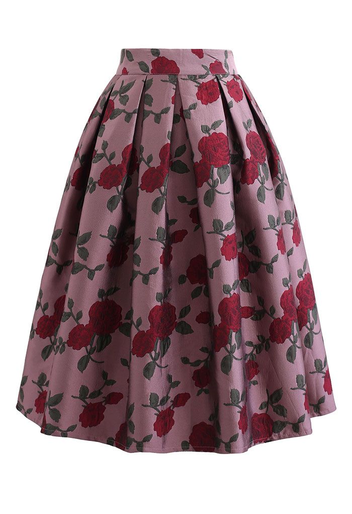 Red Rose Jacquard Pleated Midi Skirt in Dusty Pink