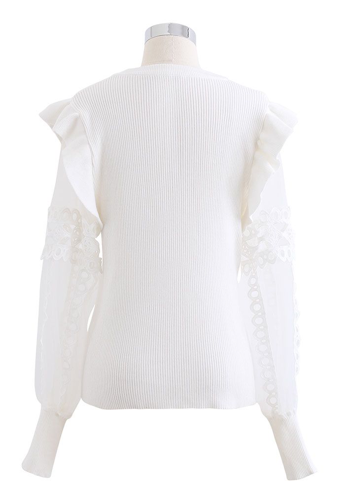 Lace-Adorned Mesh Sleeve Knit Top in White