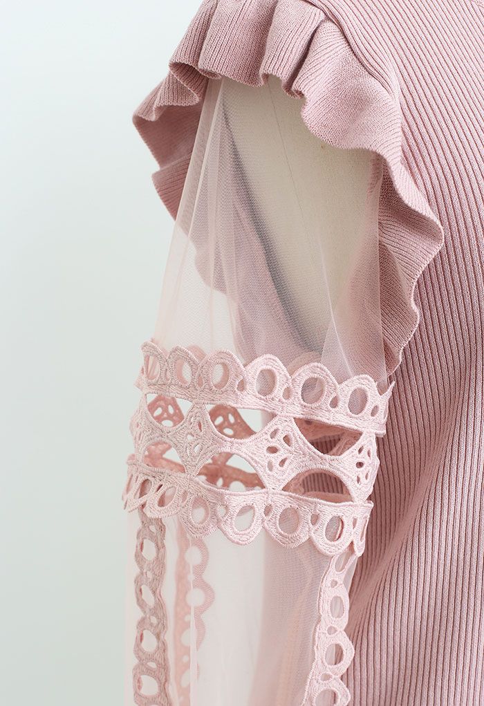 Lace-Adorned Mesh Sleeve Knit Top in Pink
