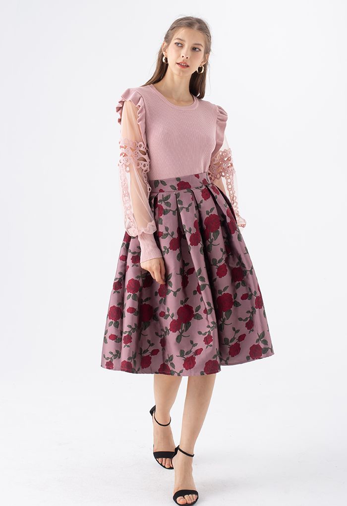 Red Rose Jacquard Pleated Midi Skirt in Dusty Pink