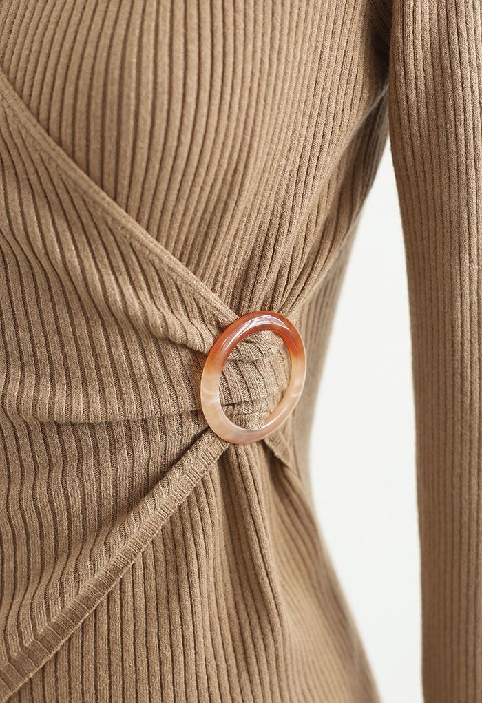 O-Ring Rib Knit Wrap Top in Caramel