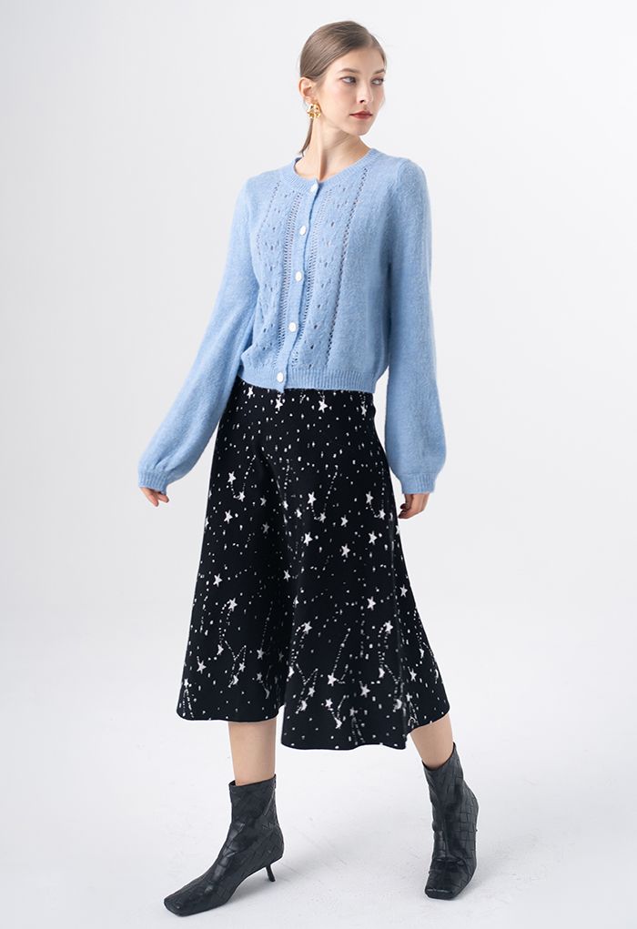 Starry Sky A-Line Knit Midi Skirt in Black