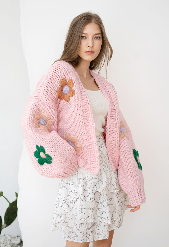 Stitch Flowers Hand-Knit Chunky Cardigan in Pink