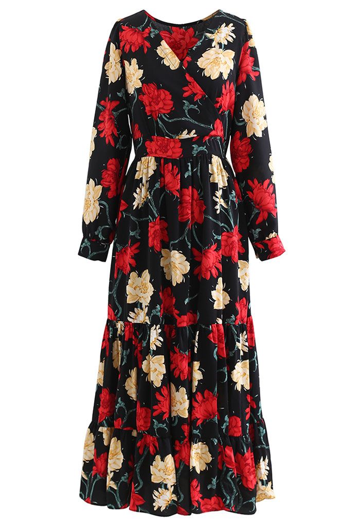 Passionate Blossom Frilling Wrapped Maxi Dress - Retro, Indie and ...