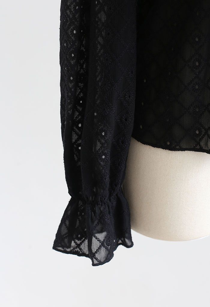Tiered Ruffle Neck Embroidered Chiffon Top in Black