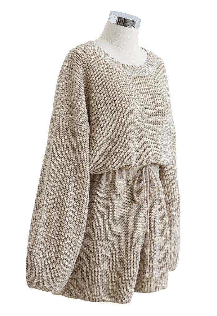 Drawstring Waist Rib Knit Playsuit in Camel