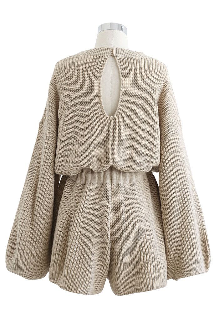 Drawstring Waist Rib Knit Playsuit in Camel