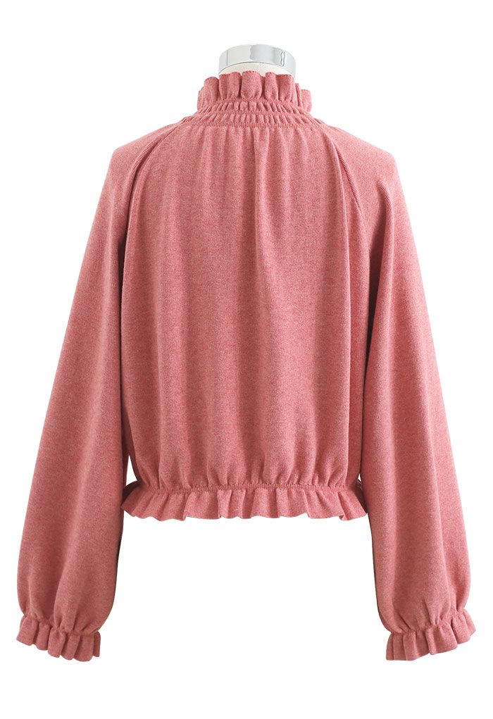 High Neck Ruffle Crop Knit Sweater in Coral