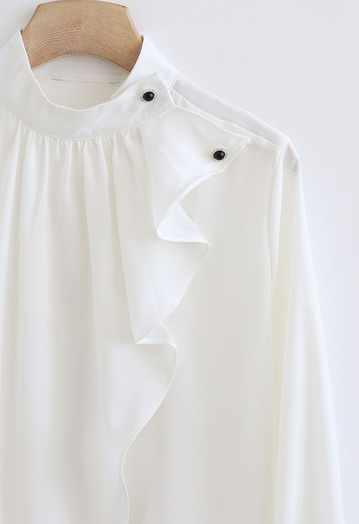 Buttoned Ruffle High Neck Satin Top in White