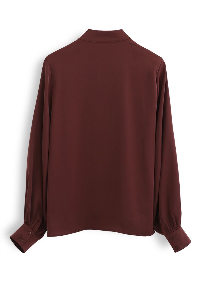 Buttoned Ruffle High Neck Satin Top In Burgundy - Retro, Indie And ...