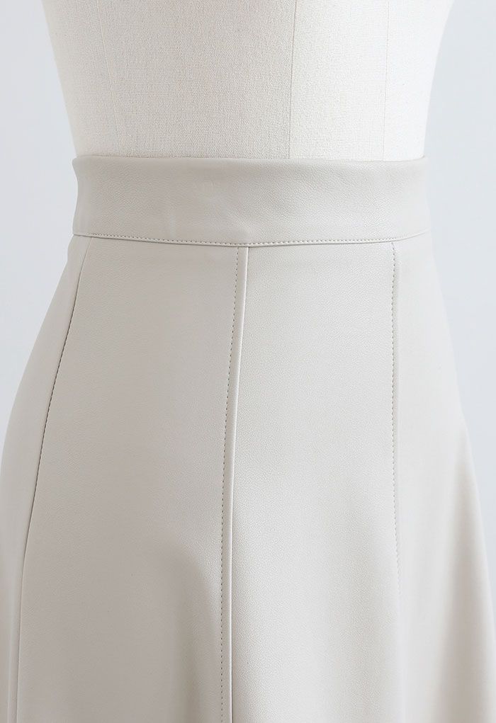 Soft Faux Leather Seamed A-Line Skirt in Ivory