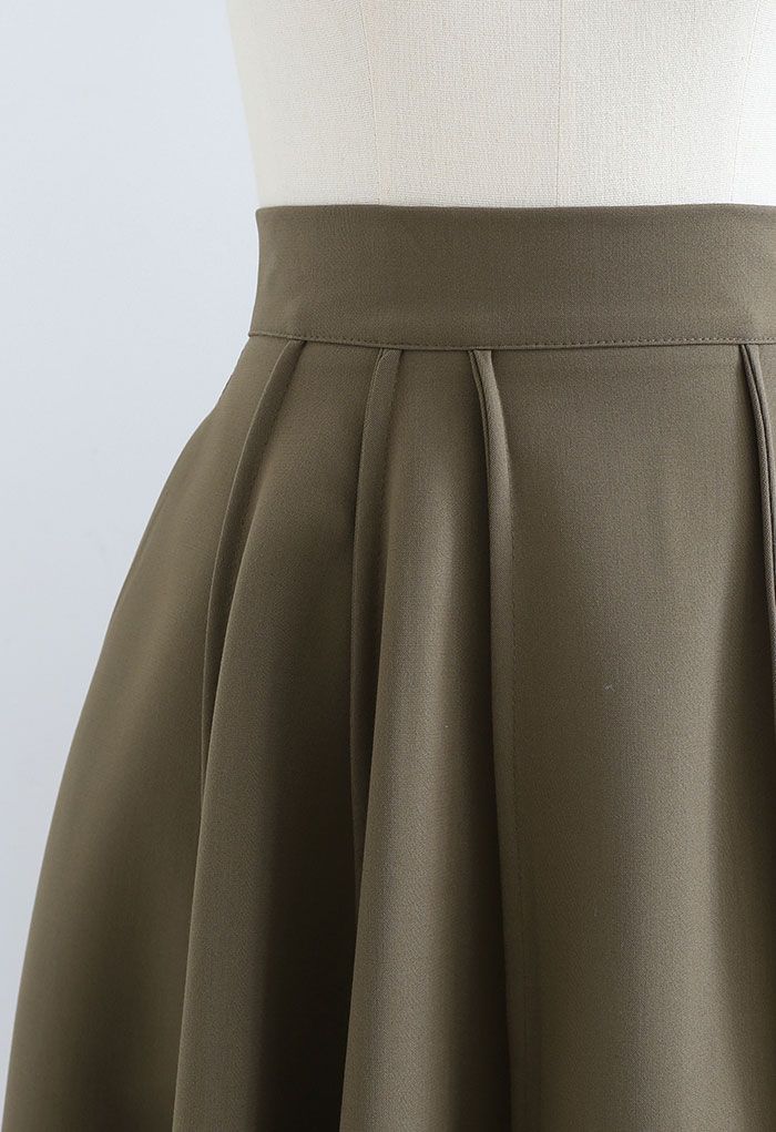 High Waist Seam Detailing A-Line Midi Skirt in Khaki