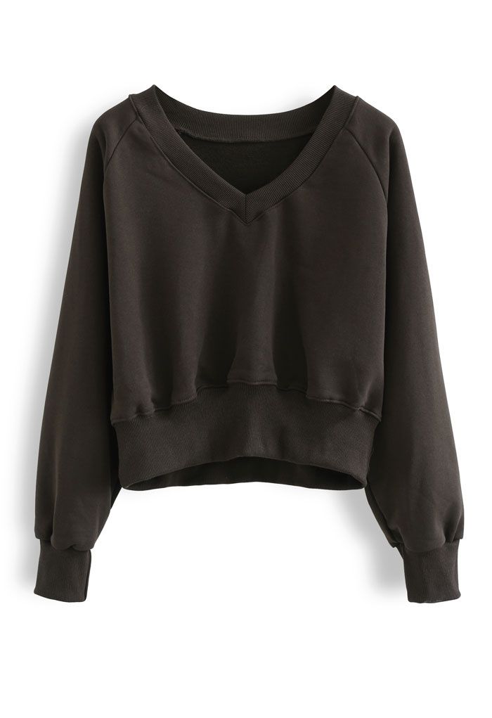 Cotton V-Neck Oversized Crop Sweatshirt in Brown