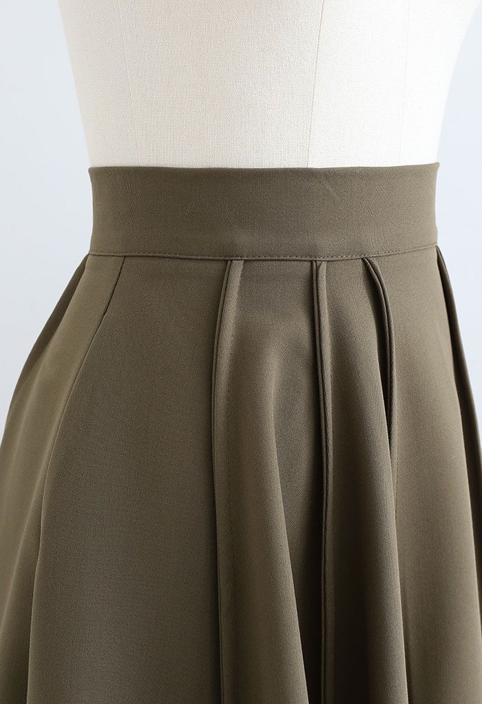 High Waist Seam Detailing A-Line Midi Skirt in Khaki