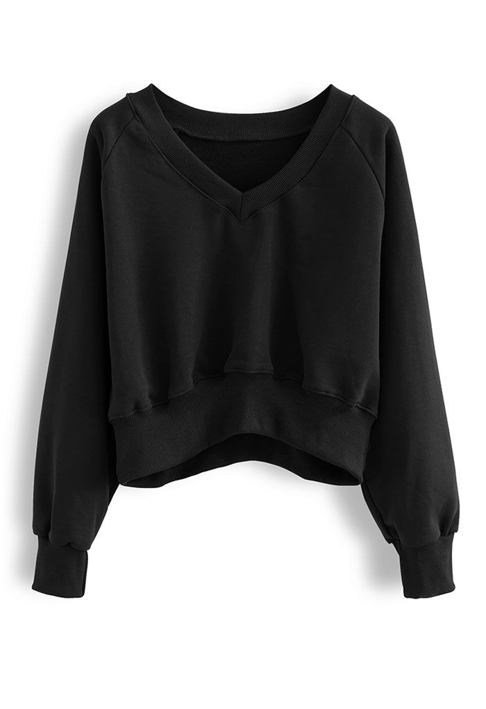 Cotton V-Neck Oversized Crop Sweatshirt in Black