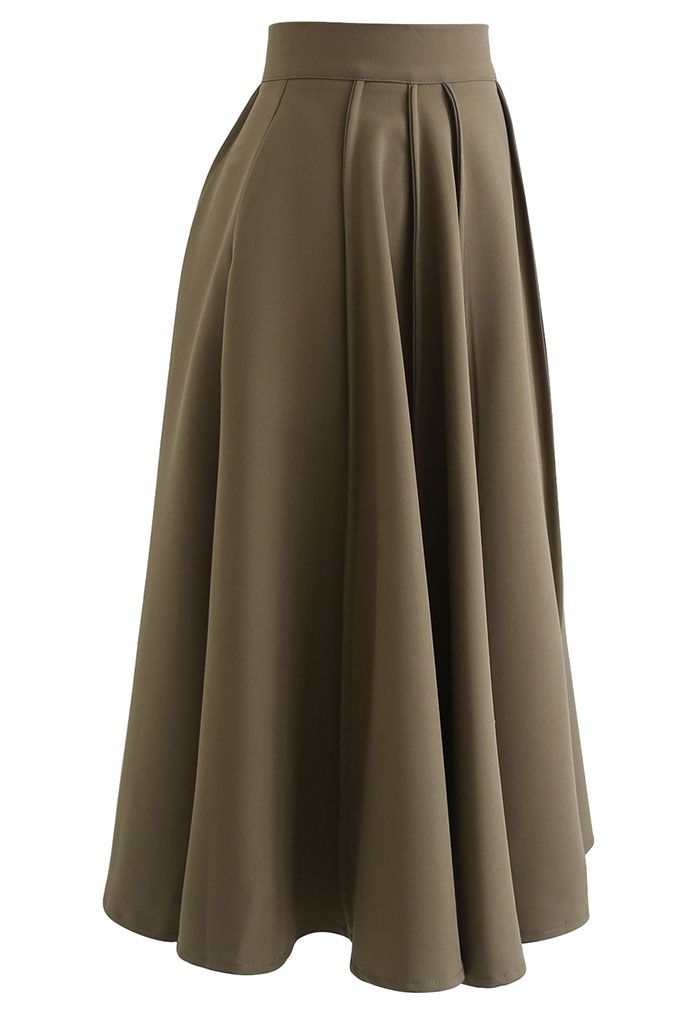 High Waist Seam Detailing A-Line Midi Skirt in Khaki - Retro, Indie and ...