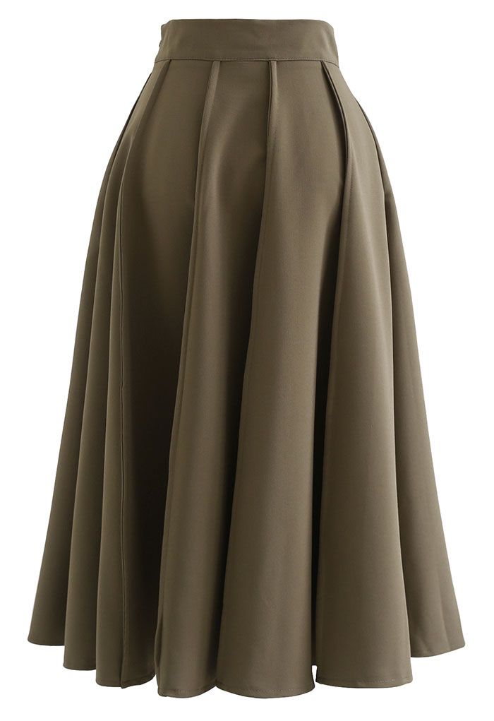 High Waist Seam Detailing A-Line Midi Skirt in Khaki