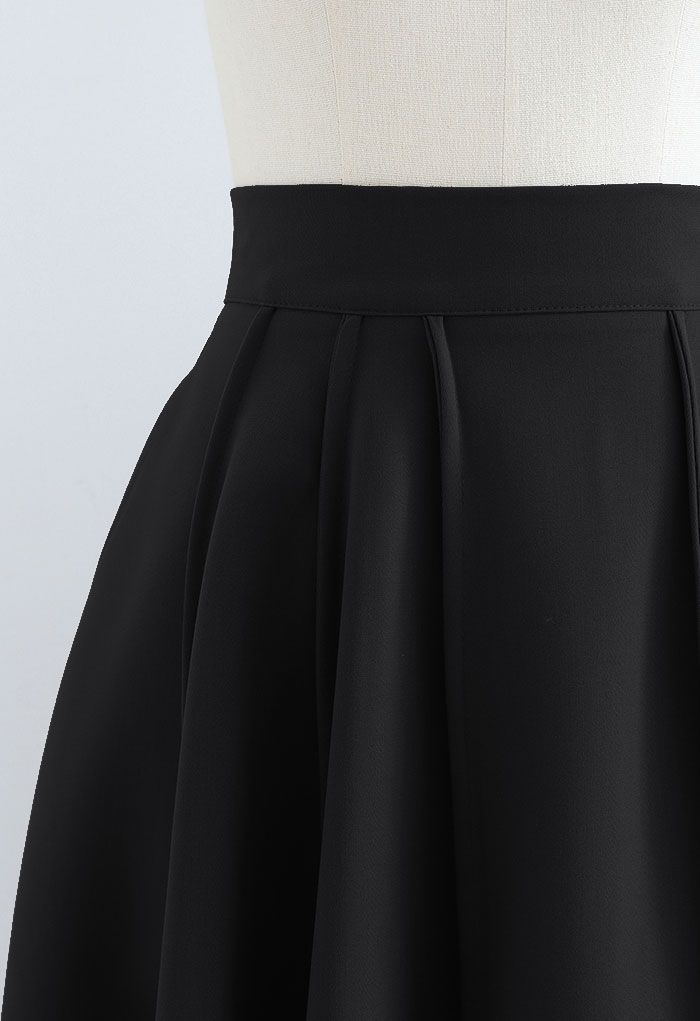High Waist Seam Detailing A-Line Midi Skirt in Black