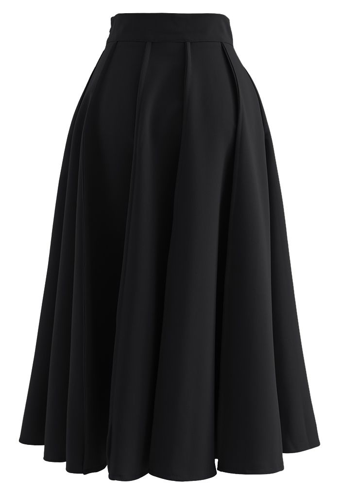 High Waist Seam Detailing A-Line Midi Skirt in Black