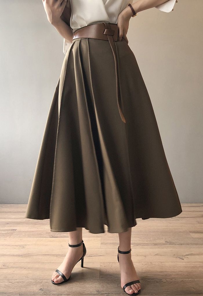 High Waist Seam Detailing A-Line Midi Skirt in Khaki