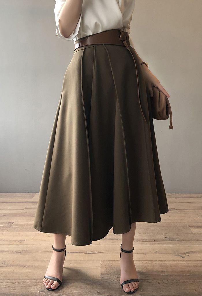 High Waist Seam Detailing A-Line Midi Skirt in Khaki