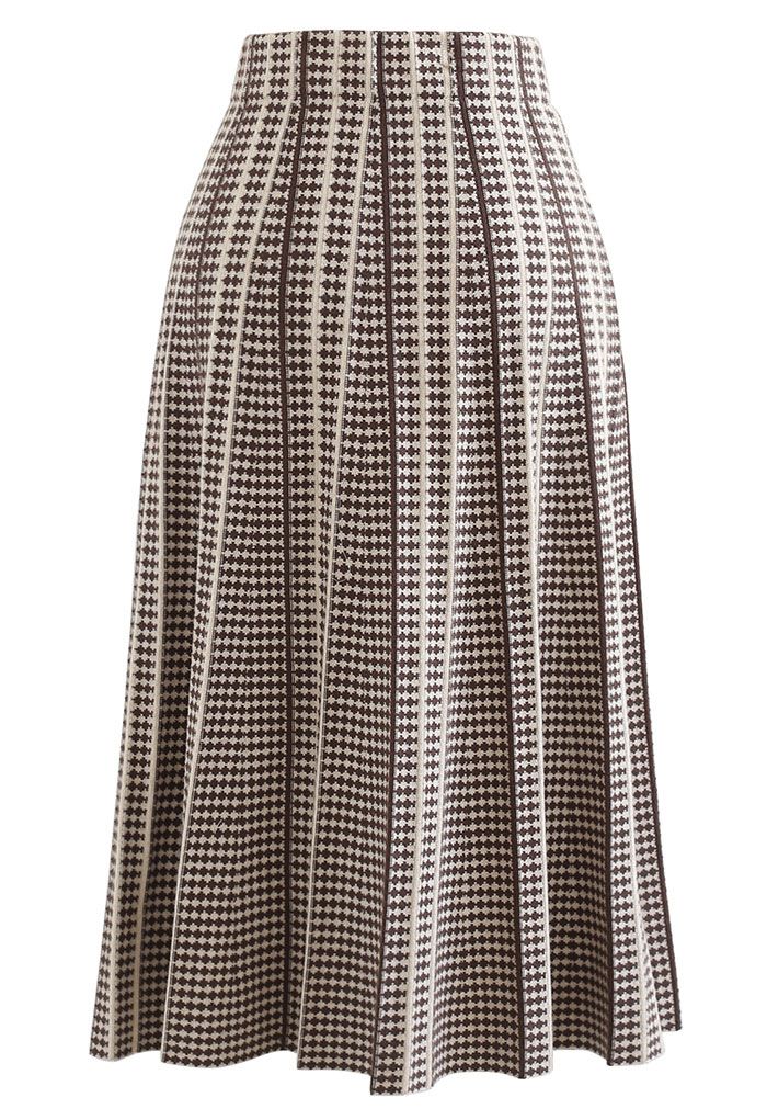 Dotted Pleated A-Line Midi Knit Skirt in Brown