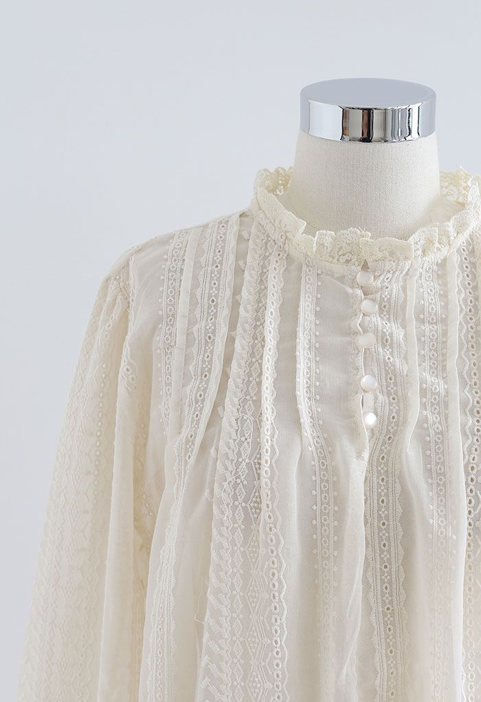 Lacy Neck Embroidered Sheer Smock Top - Retro, Indie And Unique Fashion