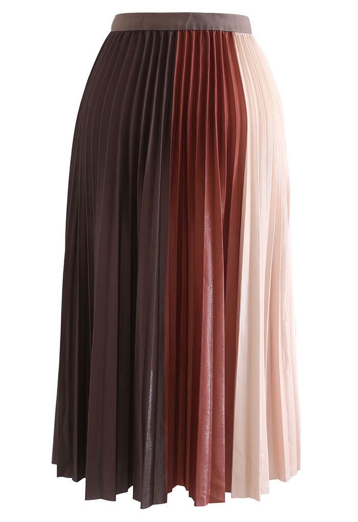 Pleated Sheen Color Block Midi Skirt in Caramel - Retro, Indie and ...