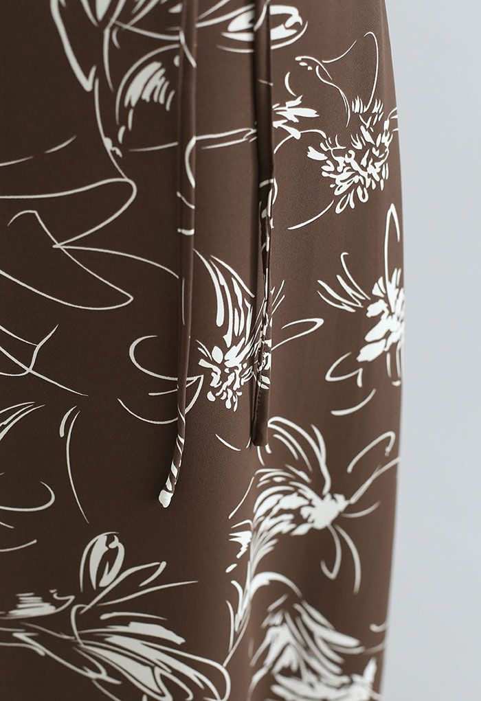 Flower Sketch Printed Self-Tie Midi Skirt in Brown