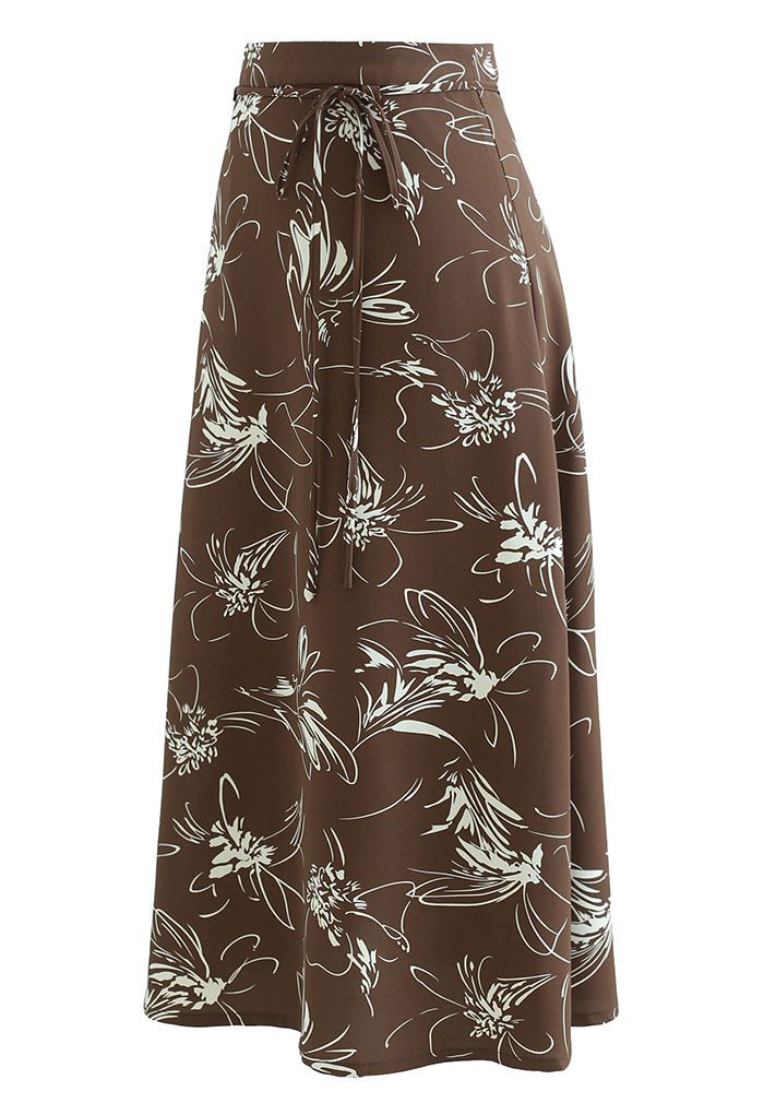 Flower Sketch Printed Self-Tie Midi Skirt in Brown