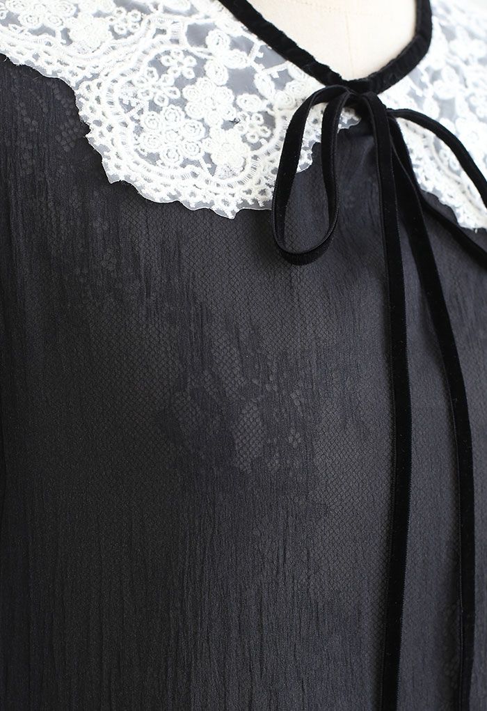 Peter-Pan Collar Tie Bow Lace Organza Top in Black