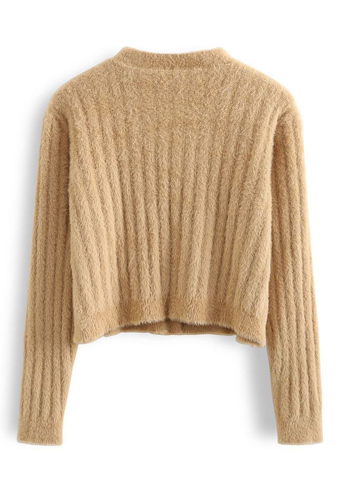 Button Down Cropped Fuzzy Knit Cardigan in Camel