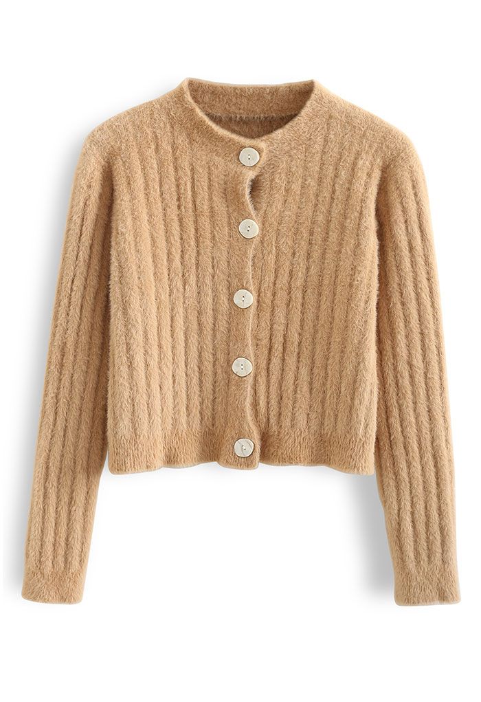 Button Down Cropped Fuzzy Knit Cardigan in Camel