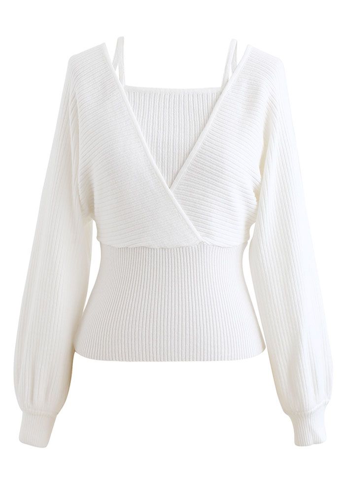 Fake Two-Piece Cold-Shoulder Wrap Knit Top in White