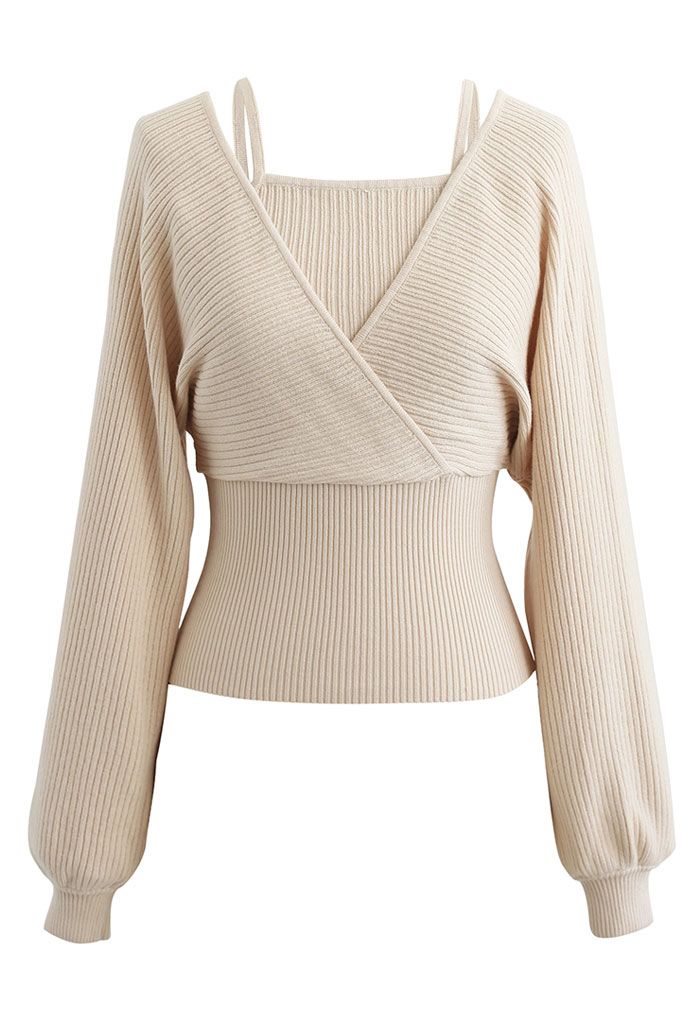 Fake Two-Piece Cold-Shoulder Wrap Knit Top in Cream