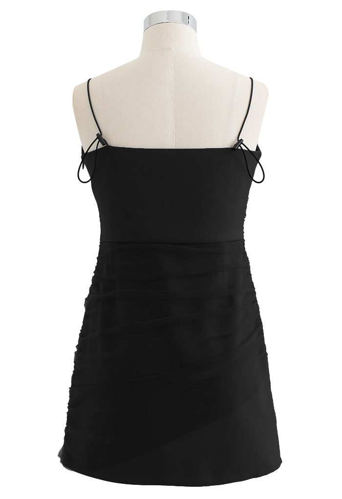 Mesh Ruched Front Cami Mini Dress in Black