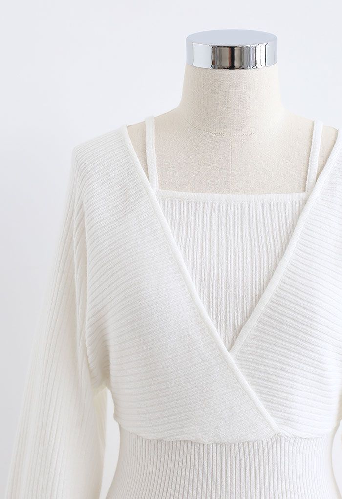 Fake Two-Piece Cold-Shoulder Wrap Knit Top in White
