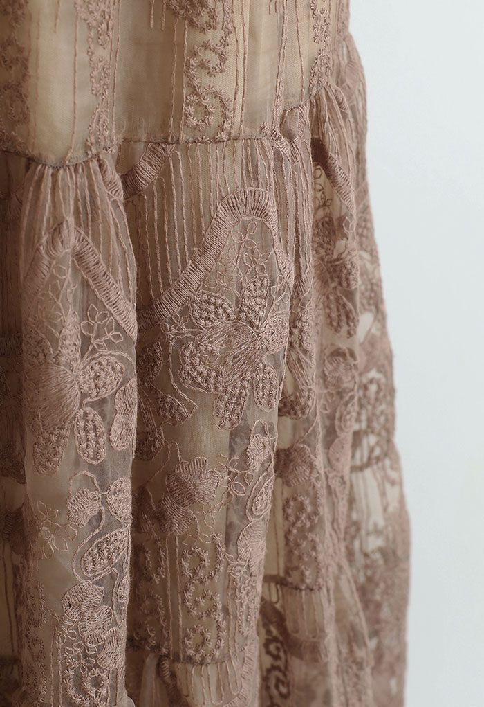Floral Embroidery Organza Skirt in Caramel
