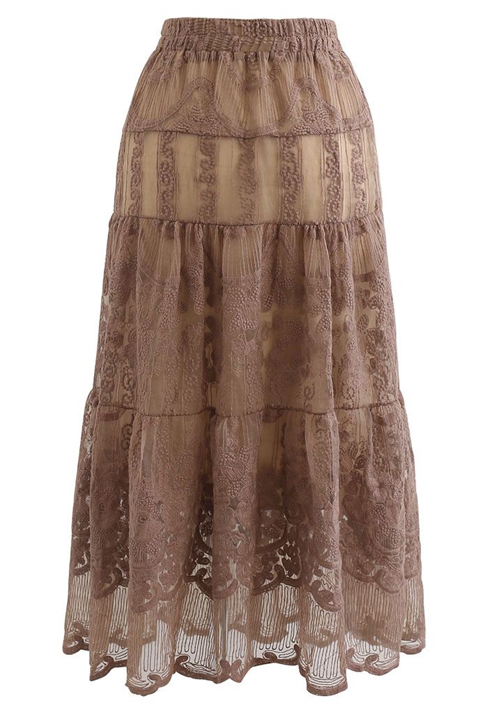 Floral Embroidery Organza Skirt in Caramel