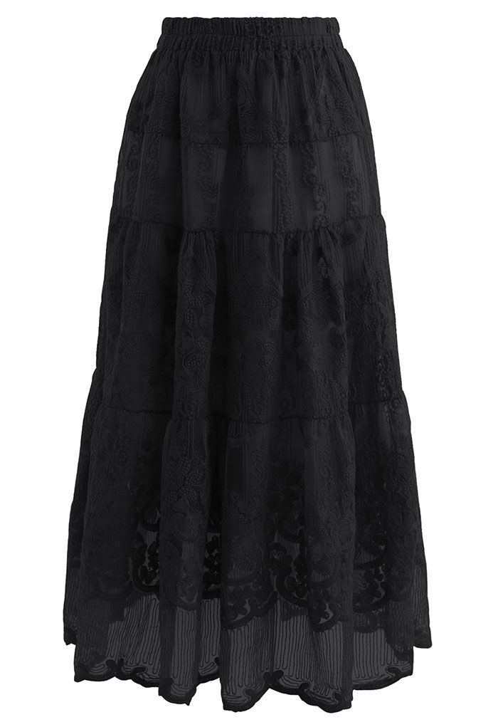 Floral Embroidery Organza Skirt in Black