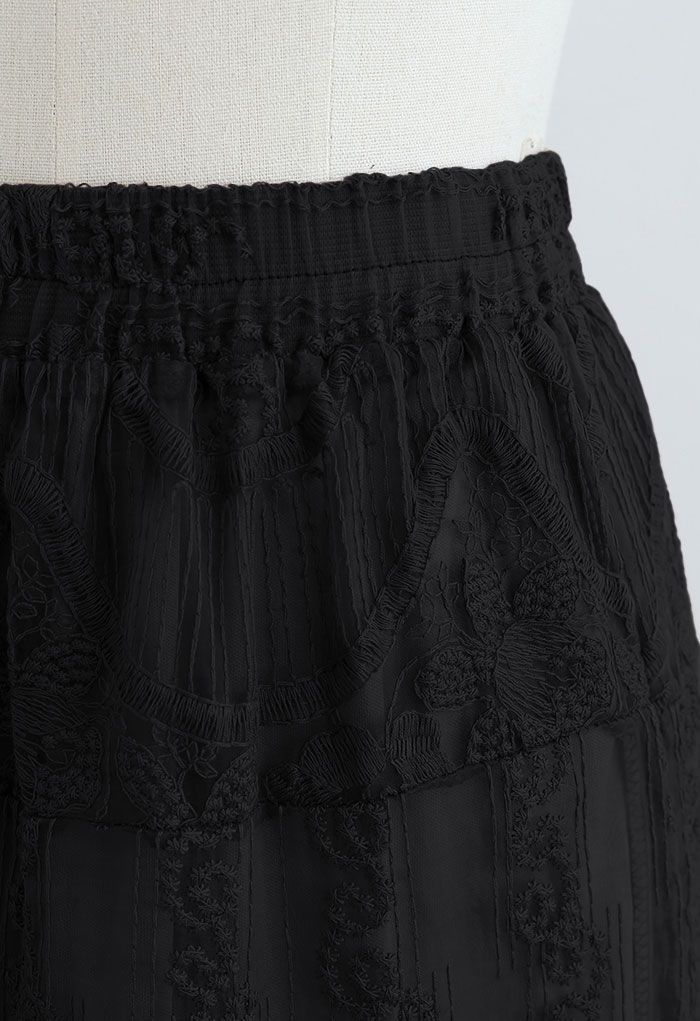Floral Embroidery Organza Skirt in Black