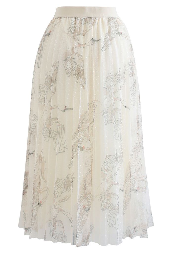 Swan Dotted Mesh Pleated Skirt in Cream
