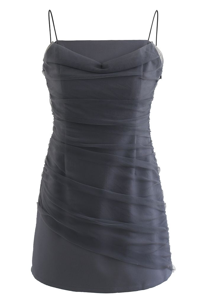 Mesh Ruched Front Cami Mini Dress in Grey