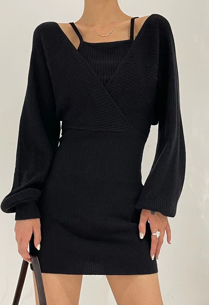 Fake Two-Piece Cold-Shoulder Wrap Knit Dress in Black