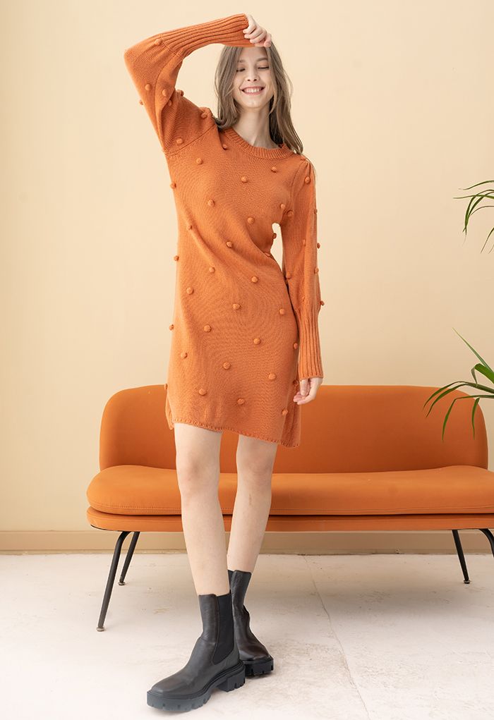 Puff Sleeve Pom-Pom Sweater Dress in Orange