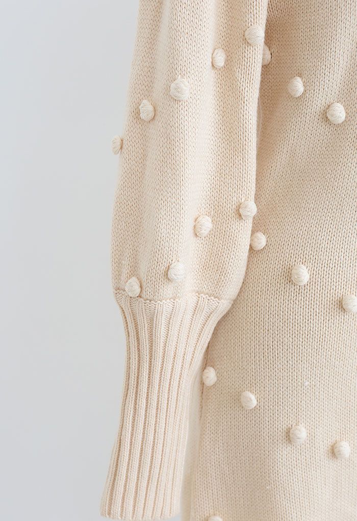 Puff Sleeve Pom-Pom Sweater Dress in Cream