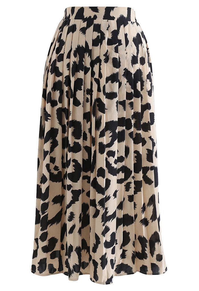 Leopard Print Chiffon Pleated Midi Skirt in Light Tan