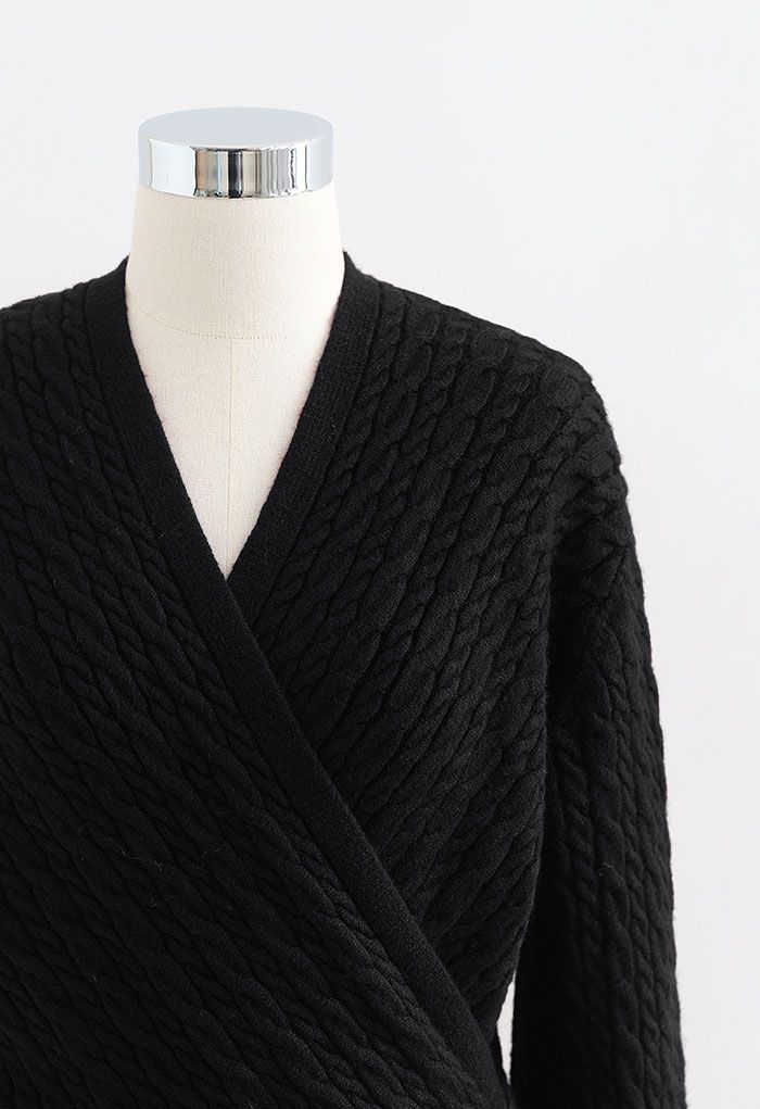 Cable Knit Wrap Front Crop Sweater in Black - Retro, Indie and Unique ...